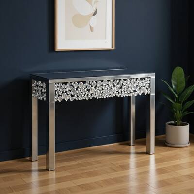 HomeRoots 47" Silver Mirrored Glass Faux Crystal Bling Console Table - 47.24 in. x 30.70 in. x 13.78 in.