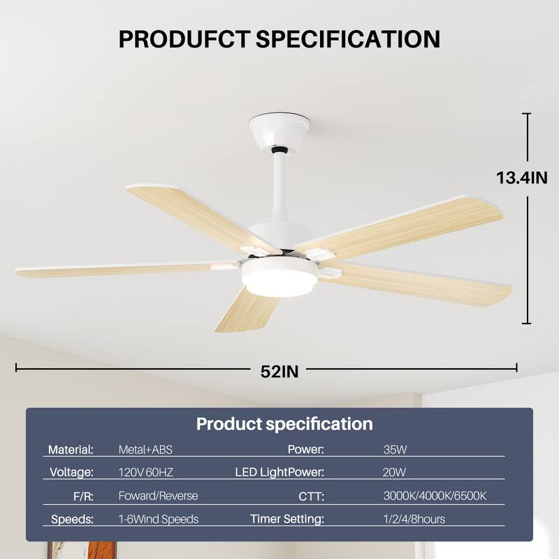 Modern Farmhouse Large Ceiling Fan with Integrated Light and Remote, Ceiling Fan with Timer and 6-speed Wind