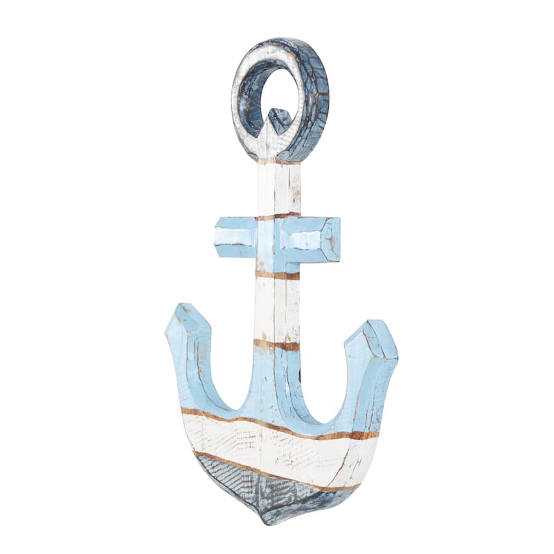 Blue Wood Distressed Anchor Home Wall Decor with Brown and Cream Accents