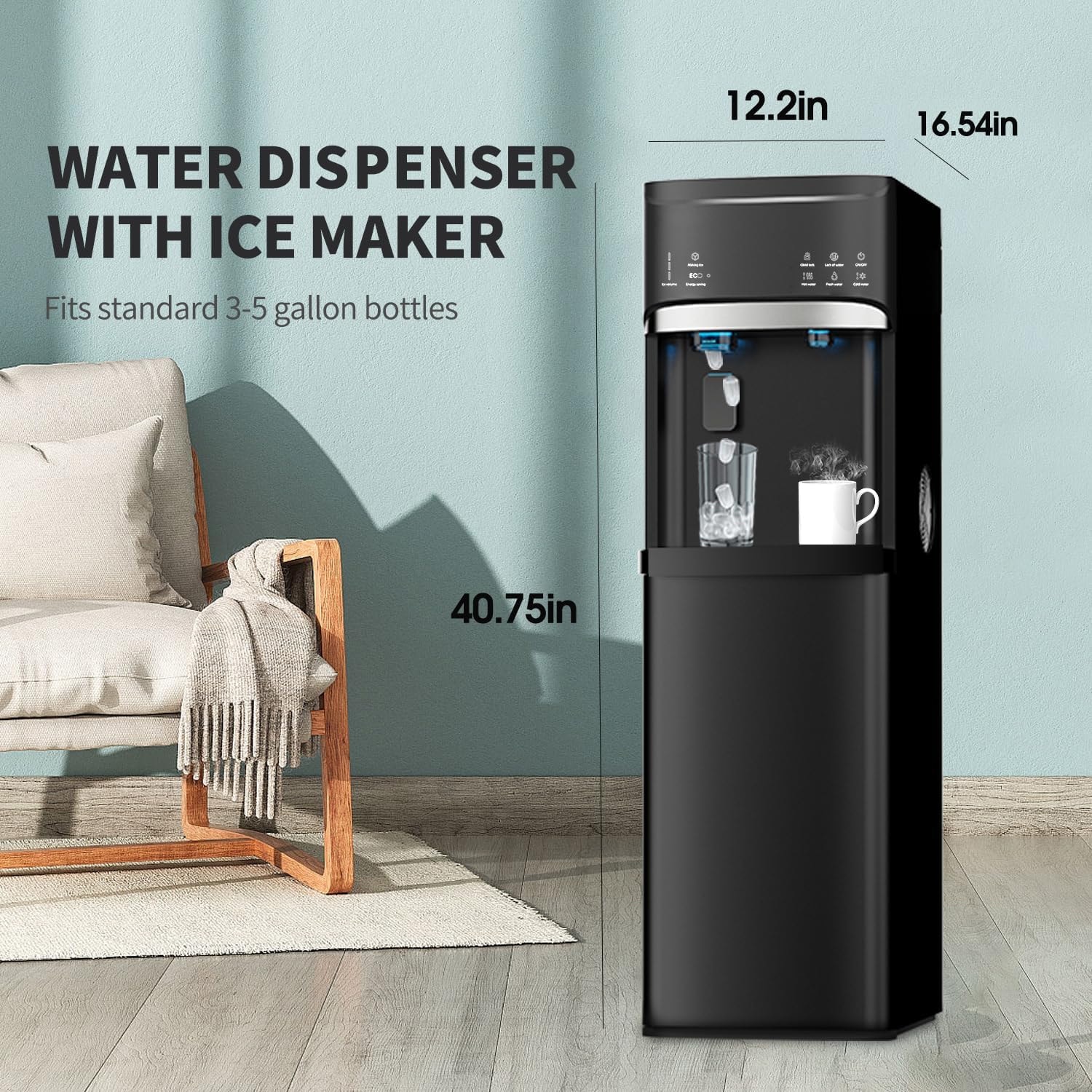 3 in 1 Black Hot and Cold Water Dispenser with Bullet-Shaped Ice