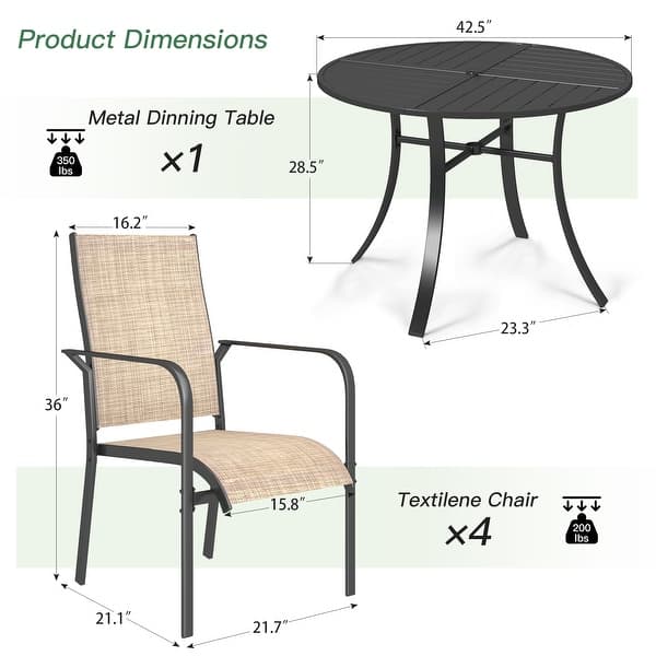 dimension image slide 2 of 33, Patio Dining Set, Outdoor Dining Table and Chairs Set with Textilene Chairs, Adjustable Umbrella Hole for Garden, Backyard