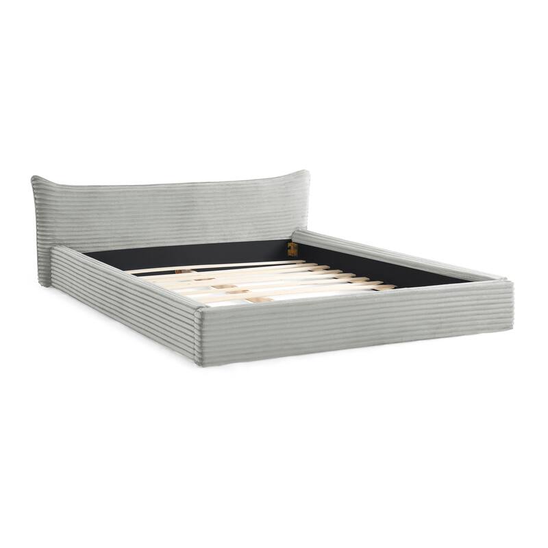 Queen Size Upholstered Bed Frame Velvet Fabric Grounded Platform with Curved Headboard Solid Wood No Box Spring