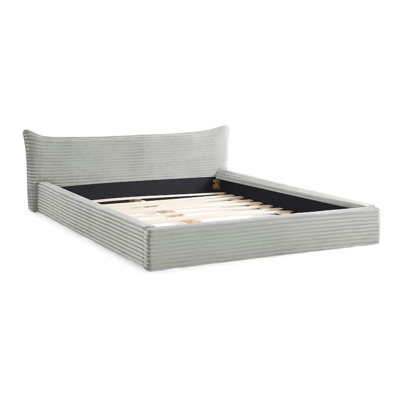 Queen Size Velvet Upholstered Bed Frame - Solid Wood Platform Base With Decorative Curved Headboard, No Box Spring Needed