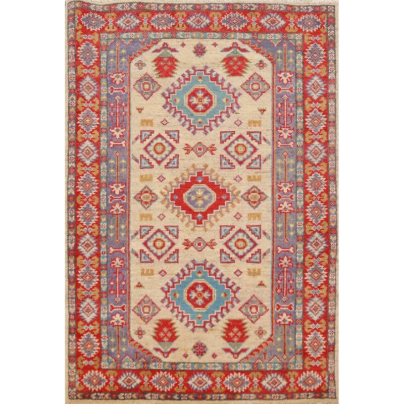 Traditional Kazak Accent Rug Hand-Knotted Beige Wool Carpet - 2'10"x 4'0"