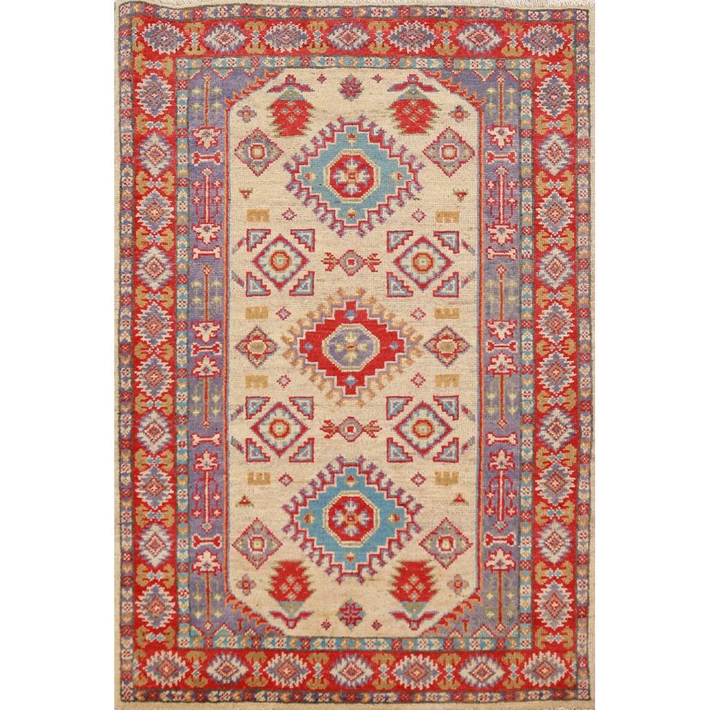 Traditional Kazak Accent Rug Hand-Knotted Beige Wool Carpet - 2'10"x 4'0"