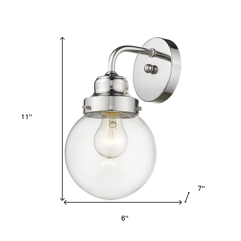 Modern Silver Wall Sconce with Clear Globe Shade and LED Compatible Steel Fixture Damp Rated - 11"H x 6"W x 7"D