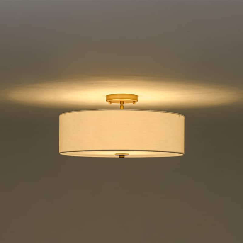 French Country Brass Round White Linen Drum Ceiling Light