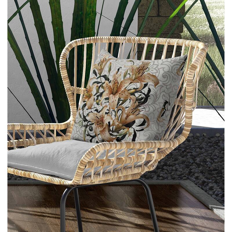 Enchanted Lily Affair Indoor/Outdoor Reversible Throw Pillow Grey and Vanilla