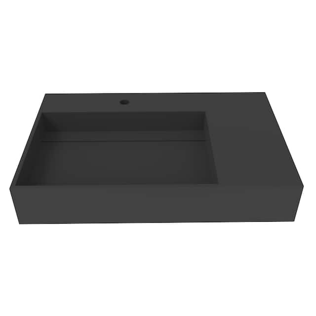 Juniper Stone Solid Surface Wall-mounted Vessel Sink - 30" Left Basin No Faucet Hole - Black