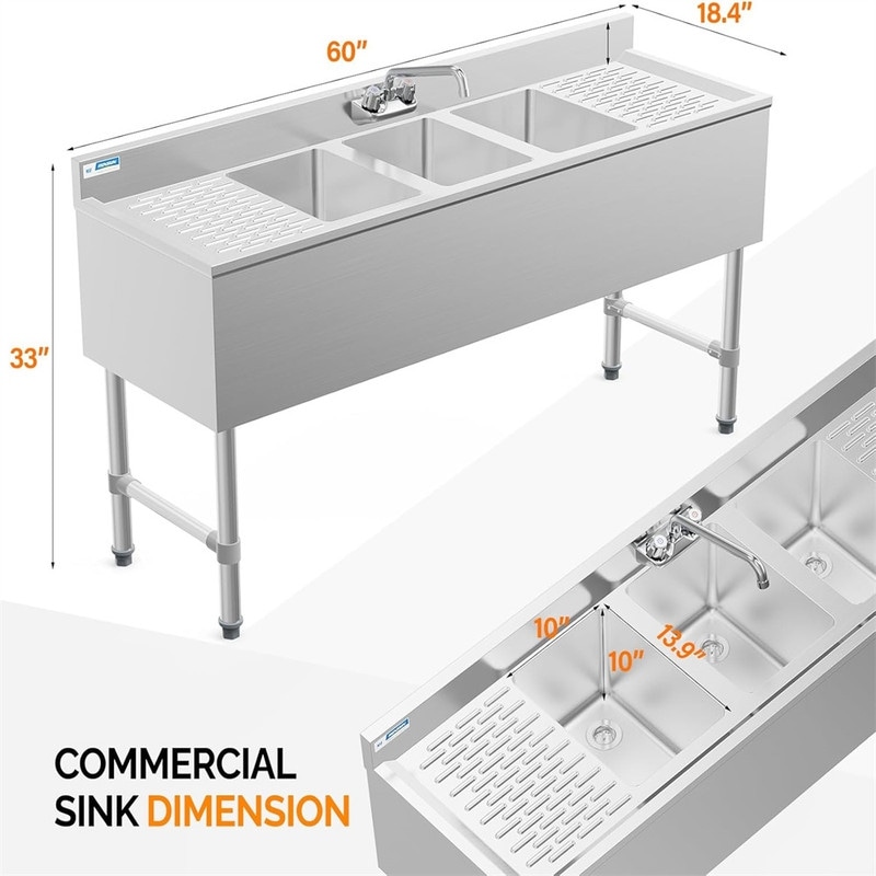 人気商品 304 Compartment 3 Stainless Double with Sink Bar Steel 特撮
