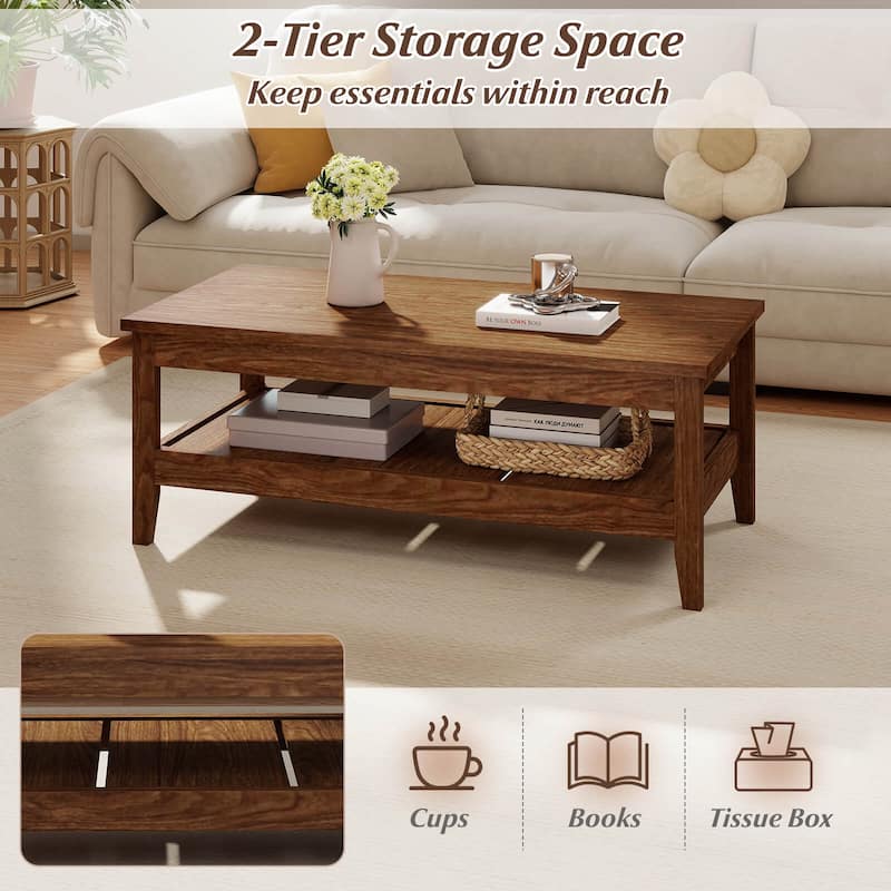 Costway 2-Tier Rectangle Center Table with Slatted Storage Shelf & - See Details