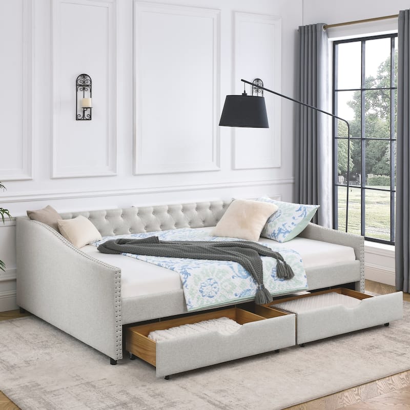 2 in 1 Pull Out Couch Bed Queen Size Daybed with Drawers Upholstered Tufted Sofa Bed,with Button on Back and Copper Nail - Beige