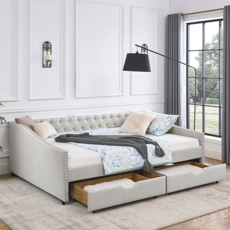Beige Tufted Button Sofa Bed with Drawers Daybed and Nailhead Armrest