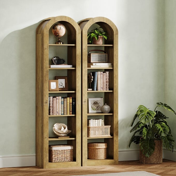 6-Tier Wooden Tall Bookshelf, 74.8 Inches Rustic Arched Bookcase - 2PCS