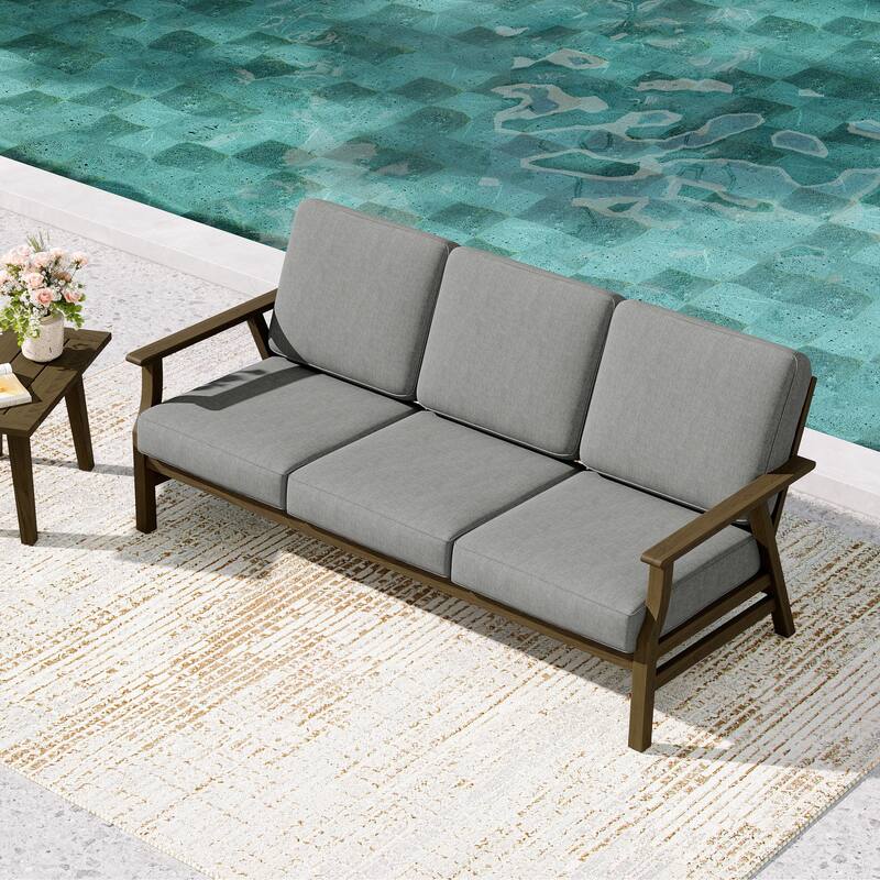 Teak Frame Outdoor Loveseat Daybed with Water-Resistant Cushions. - Grey/Daybed - Brown Wood