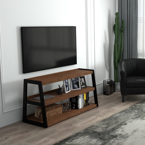 slide 2 of 9, WYNDENHALL Hawkins 47.6 inch Wide Industrial TV Media Stand in WALNUT WOOD For TVs up to 50 inches - 20" D x 48" W x 26" H Walnut
