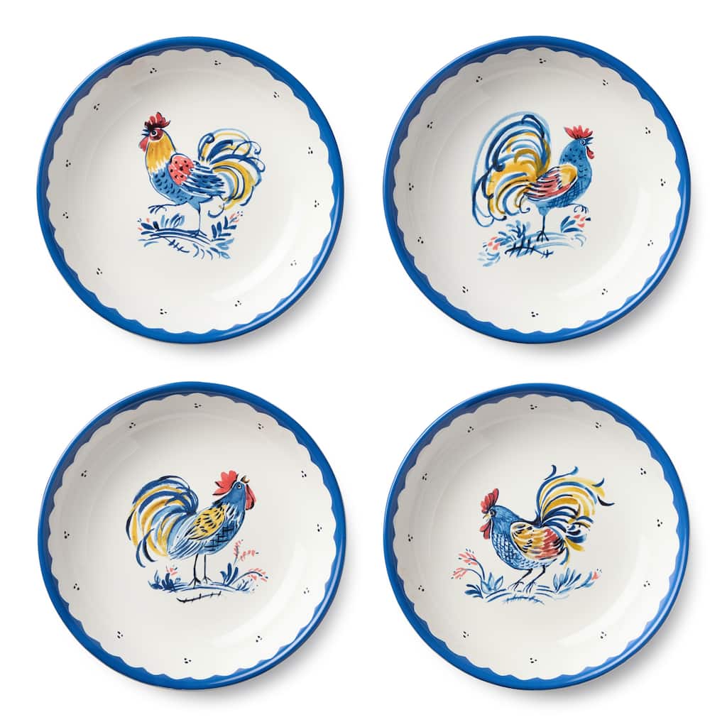 Certified International French Rooster 9" Soup/Cereal Bowls, Set of 4 Assorted Designs - 9.00"L x 9.00"W x 2.00"H