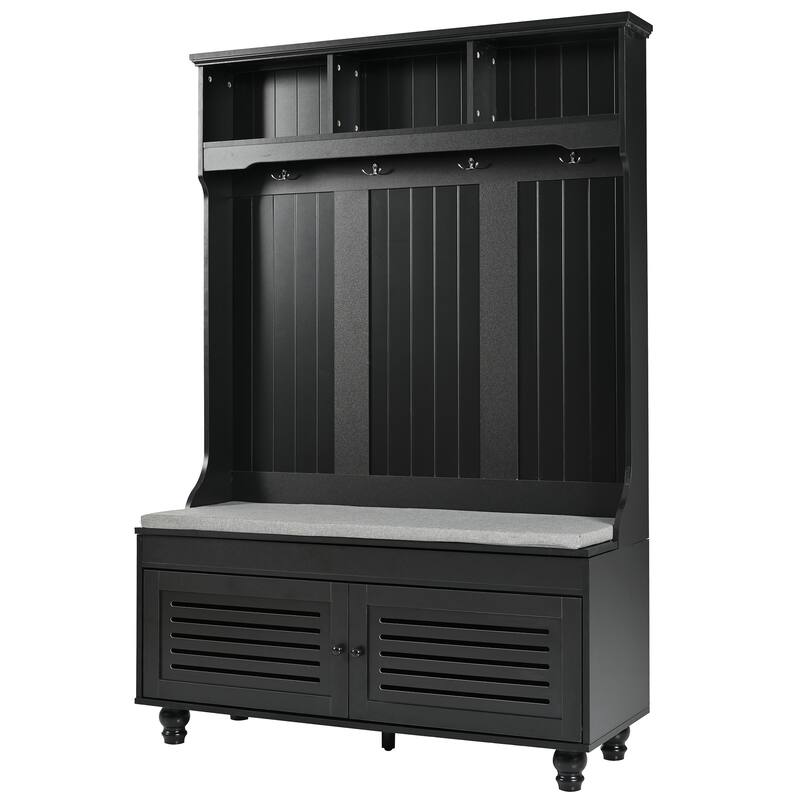 Hall Tree with 4 Sturdy Hooks, Wood Coat Rack with Shutter-Shaped Doors, Entryway Bench with Lockers and Cushion