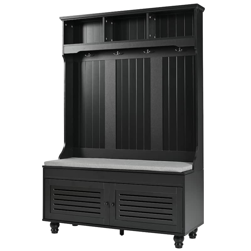 Roomfitters Hall Tree with Shutter Doors, Entryway Bench with Cushion, Hooks and Storage Organizer