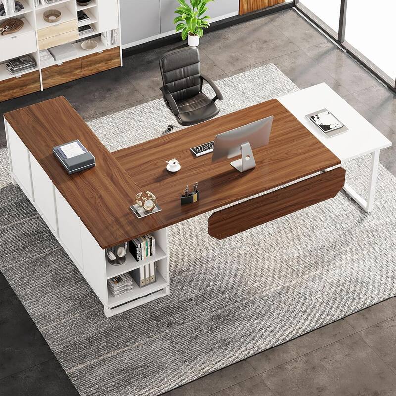 70.8" L-Shaped Executive Desk with 55" File Cabinet, Large Computer Desk with Storage Shelves/Cabinet for Home Office