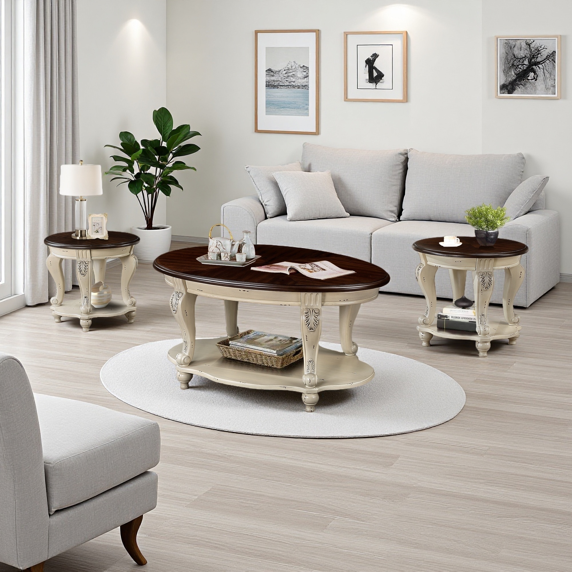 42" Oval Coffee Table Set of 3 with Rounded Corners