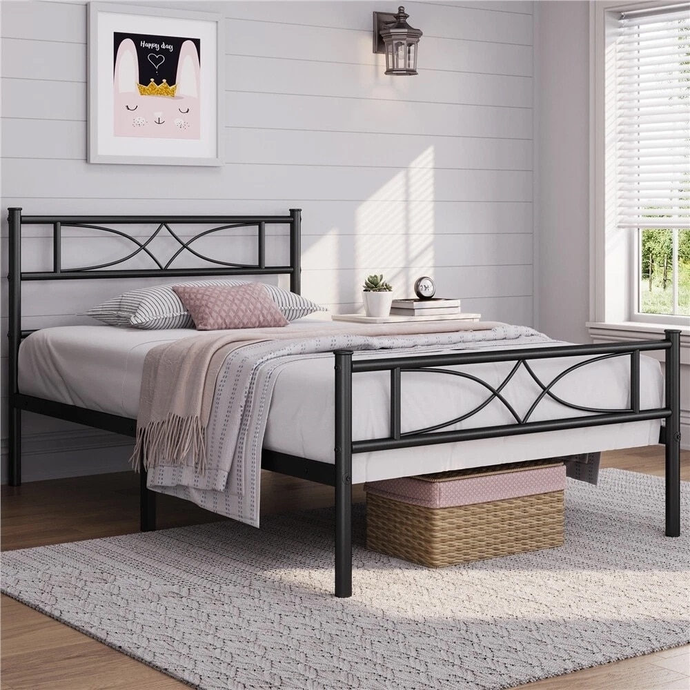 Metal Bed frame Platform Bed with Curved Design Headboard Twin