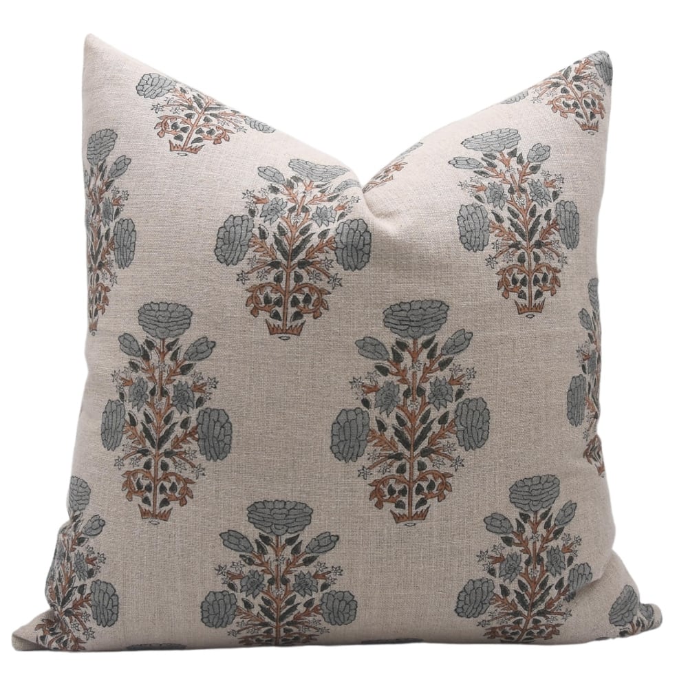 Fabdivine Handmade Linen Throw Pillowcase for Couch and Lounge Room Block Print Grey Floral Decorative Cushion Cover, Swadesh