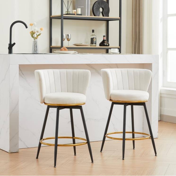 Modern Counter Height Bar Stools Set of 2 with Velvet Upholstery, 360° Swivel and Metal Base