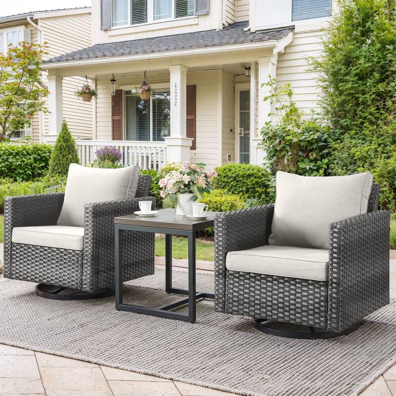 3 Pieces Outdoor Swivel Patio Chairs with Side Table - Grey - Beige