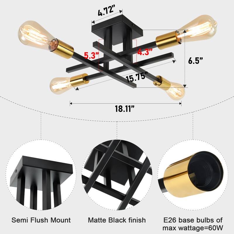 4-Light Modern Semi-Flush Mount Light for Kitchen Bedroom Living Room