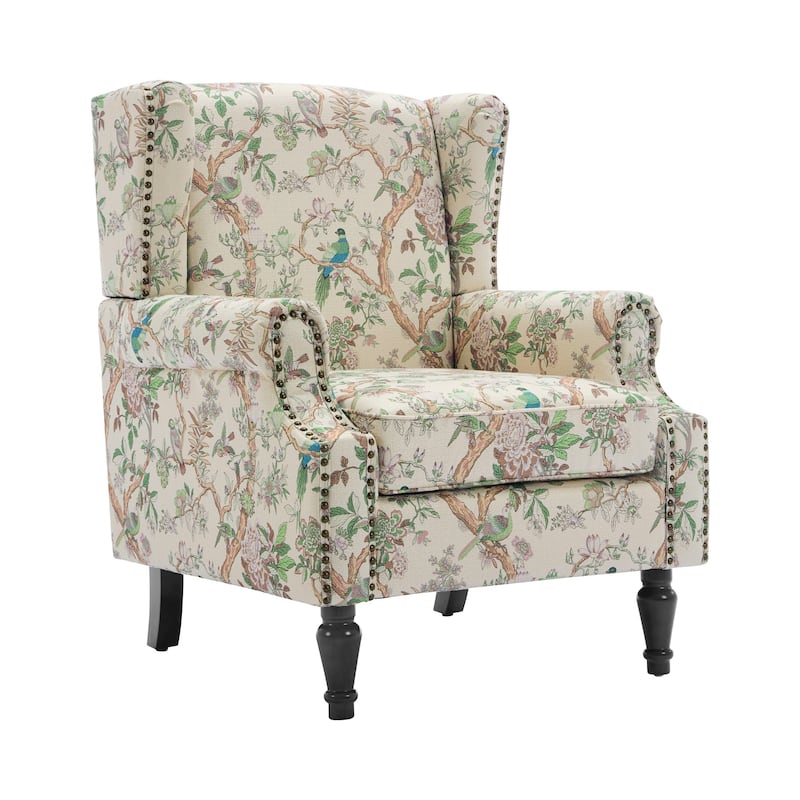 Traditional Floral Patterned Wingback Armchair with Nailhead Trim