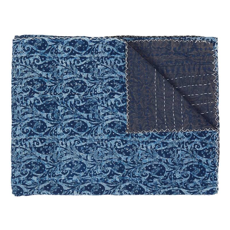 HomeRoots 50" X 70" Blue Paisley Cotton Quilted Kantha Throw Blanket with Embroidery