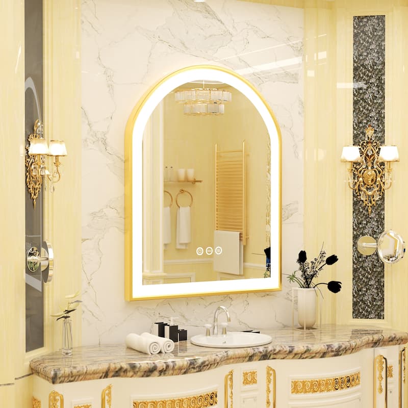 Gold Bathroom Arch LED Vanity Mirror Anti Fog Dimmable Memory 3 Colors - 36"x24"x1.6" - 36"x24"x1.6"