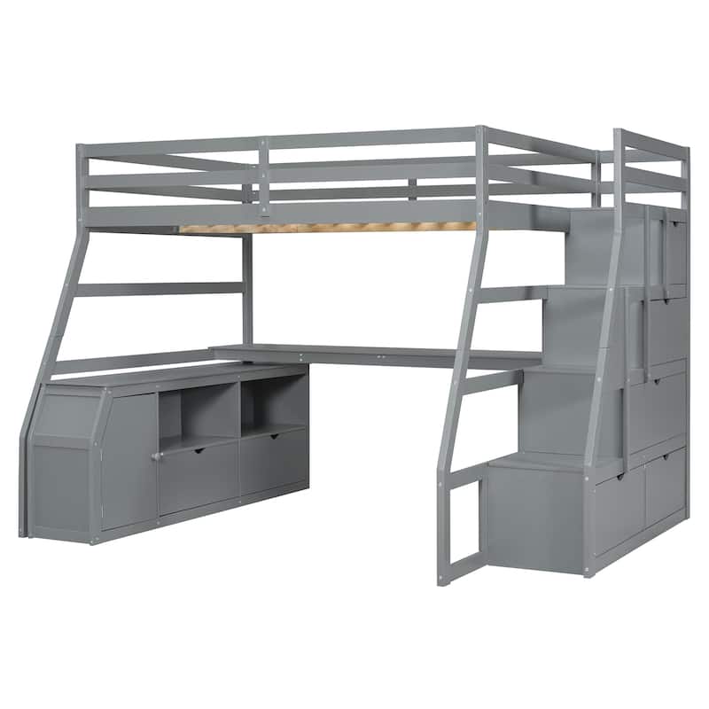 Gray Full Size Wood Loft Bed with Drawers, Shelves, Ladder, and Desk
