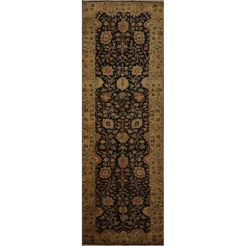 Hand Knotted Oriental 100% Wool Carpet Traditional All-Over Black Peshawar Runner Rug - 12' 1'' X 3' 3''