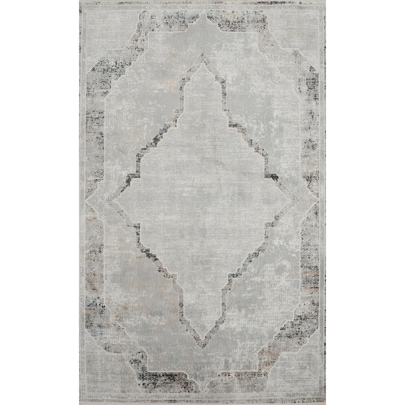 Machine Made Oriental Polyester Carpet Medallion Greys & Charcoal Distressed Area Rug - 7' 5'' X 5' 2''