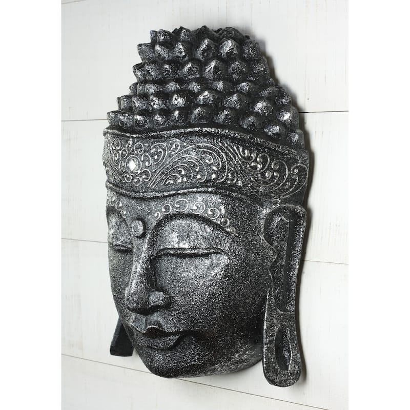 12" Wooden Wall Mask Serene Silver Buddha Head Statue Hand Carved Sculpture Handmade Figurine Gift Home Décor