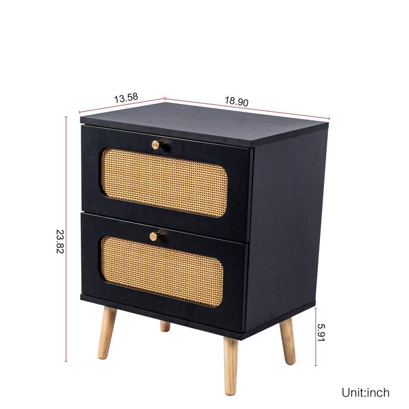 Boho Rattan 2-Drawer Nightstand, Handmade Woven Accent End Table, Side Table for Bedroom and Living Room