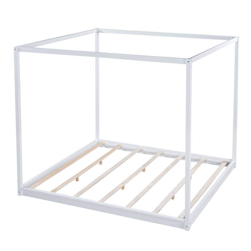 Wood Canopy Bed Floor Platform Bed Grounded Bed with Slats Support and Top Frame Easy Assembly No Box Spring Needed