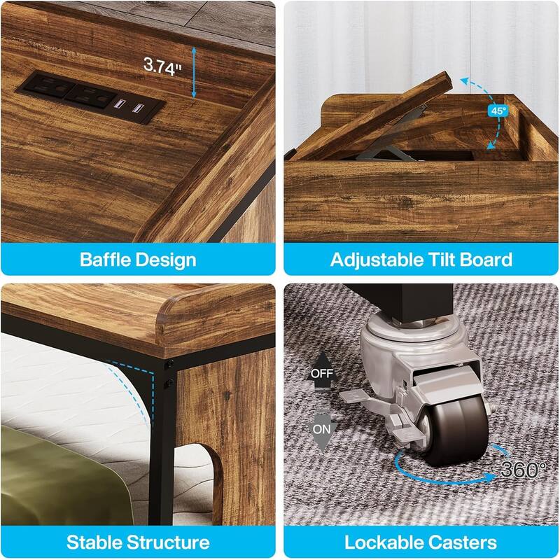 35.4"-43.3" Adjustable Overbed Table, 70.8" Queen Size Laptop Desk with Wheels, Outlets, USB, Rustic Brown