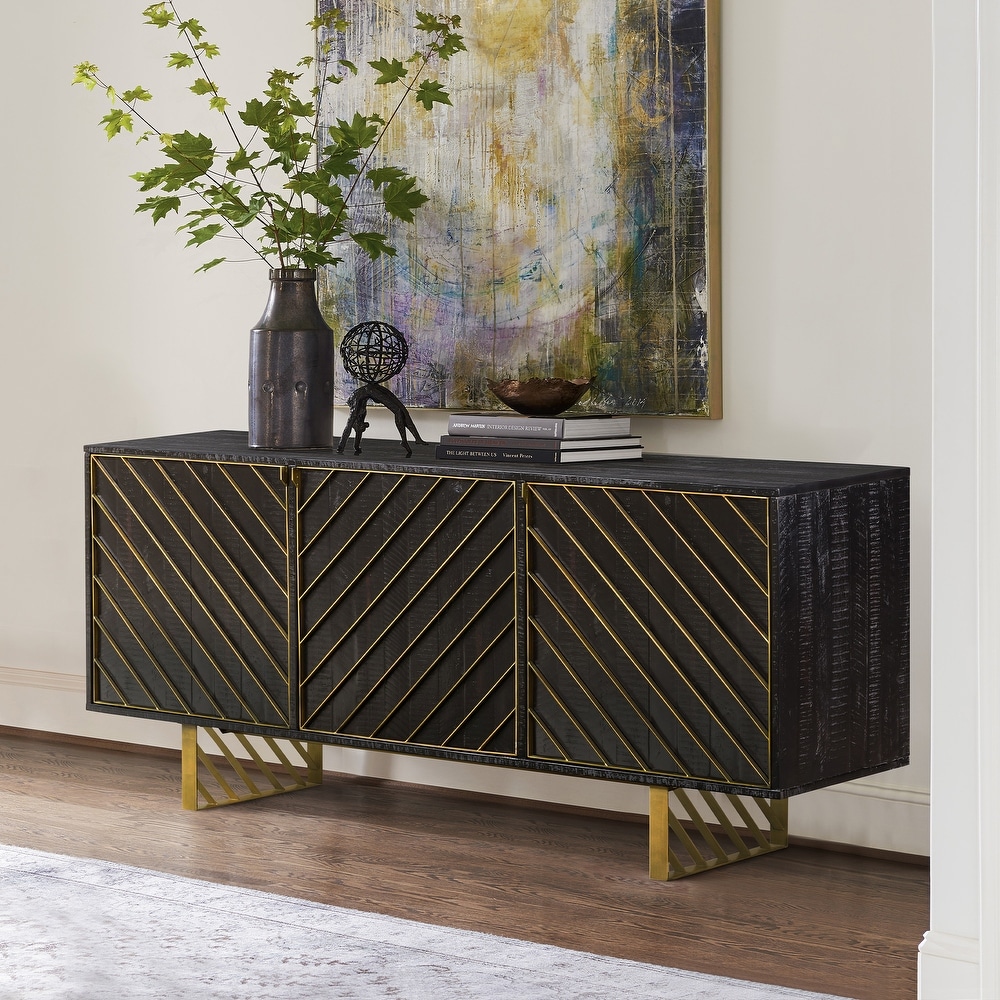 Monaco Rectangular Black Wood Sideboard with Antique Brass Accent