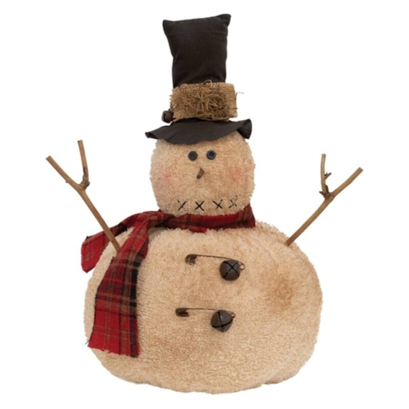 Roly Poly Primitive Snowman Tree Topper Christmas Decoration - 9” x 9” x 13.50” - Beige-Black-Red