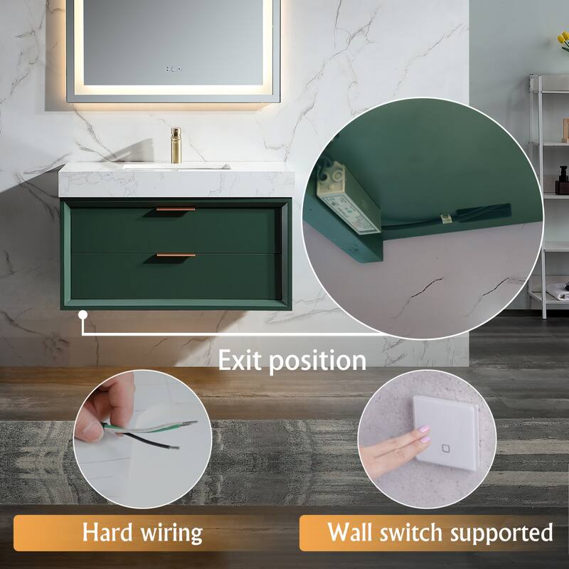 Modland 36" Wall-Mount Vanity with LED Light & 2 Soft-Close Drawers - Solid Oak, Black,White,Blue,Green - 36 inch