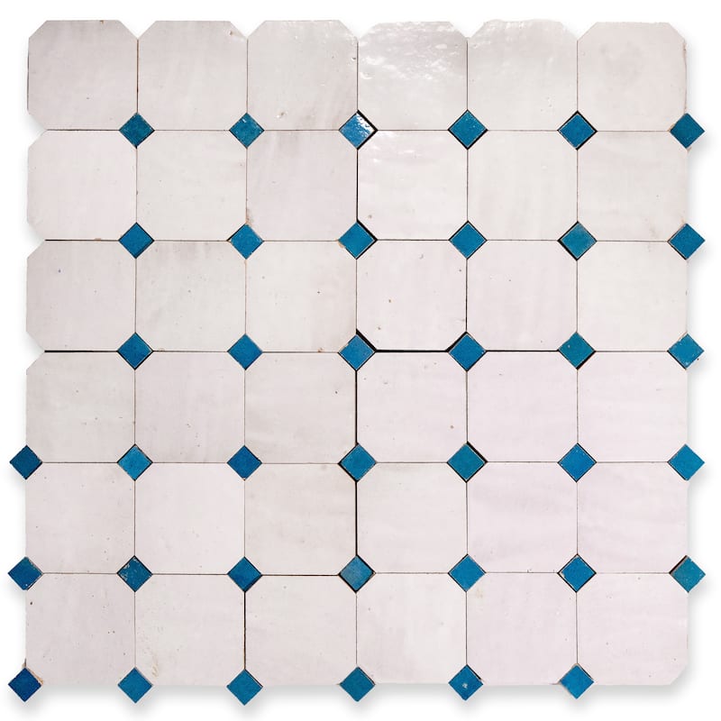 Contemporary Zellige Panels, 12" X 12" X 1/2", White - Maya blue Accents