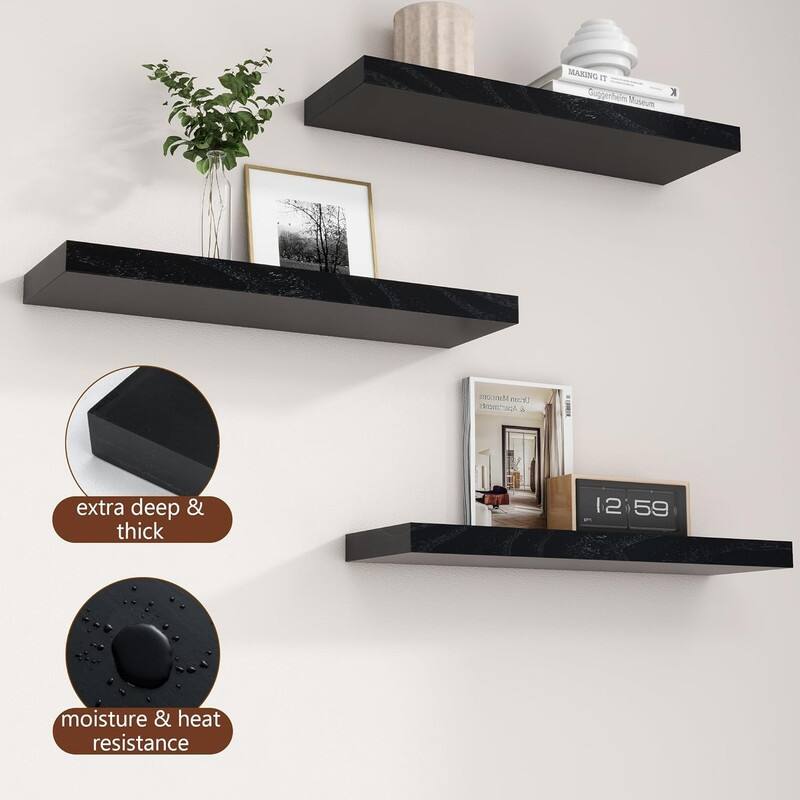24 Inch Black Floating Shelves for Wall, Solid Wood Wall Shelves Set - 24 Inch