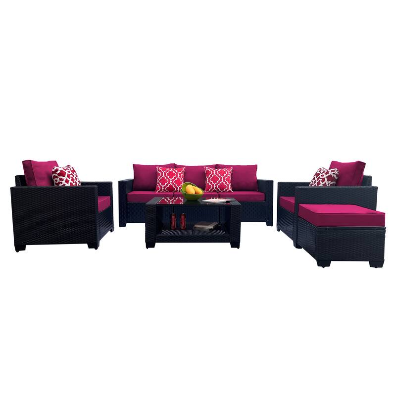 Outdoor Garden Patio Furniture 7-Piece PE Rattan Wicker Cushioned Sofa Sets with 2 Pillows and Coffee Table