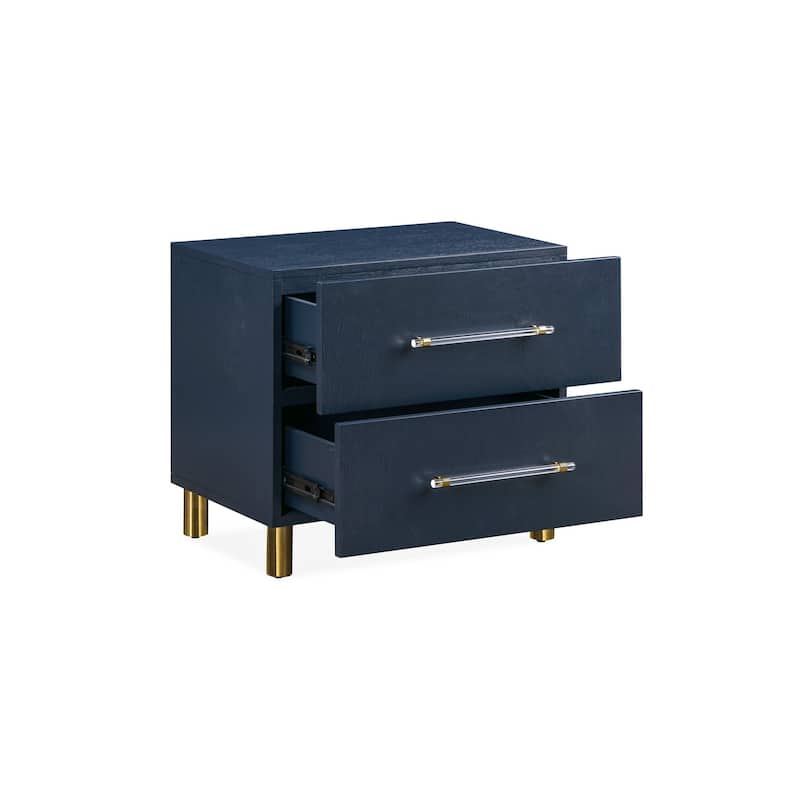 Herst 26 Inch Nightstand, Navy Blue Wood, 2 Drawers, Cylindrical Brass Legs