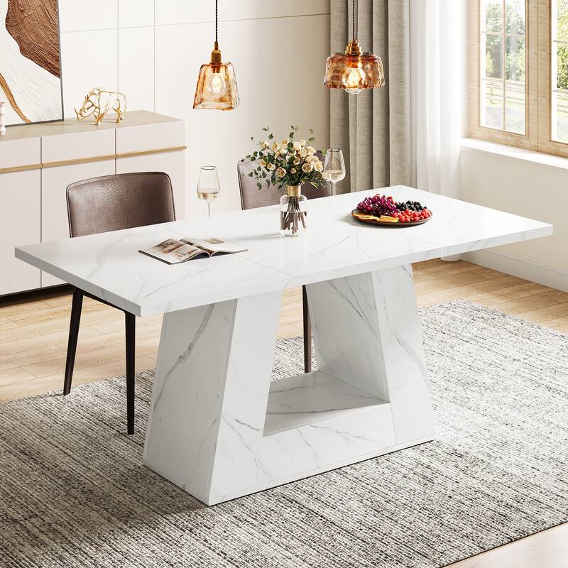 Wooden Faux Marble Dinner Table with Sturdy Base - 31.5"D x 62.99"W x 29.53"H