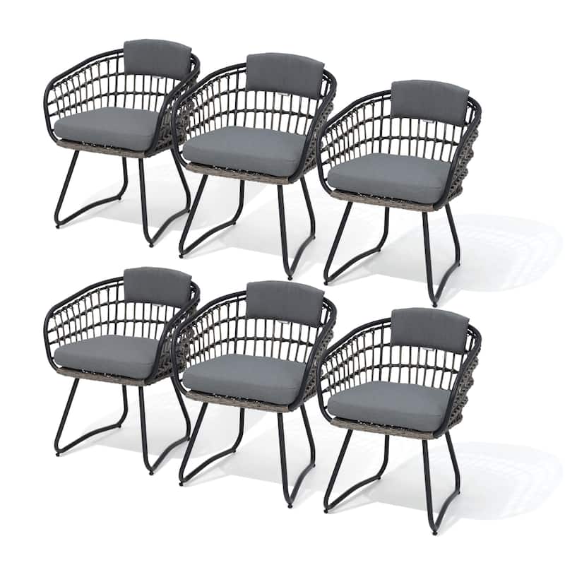 Outdoor Wicker Chairs Patio Dining Chairs Cushioned PE Rattan Seating Set - Gray, 6PCS