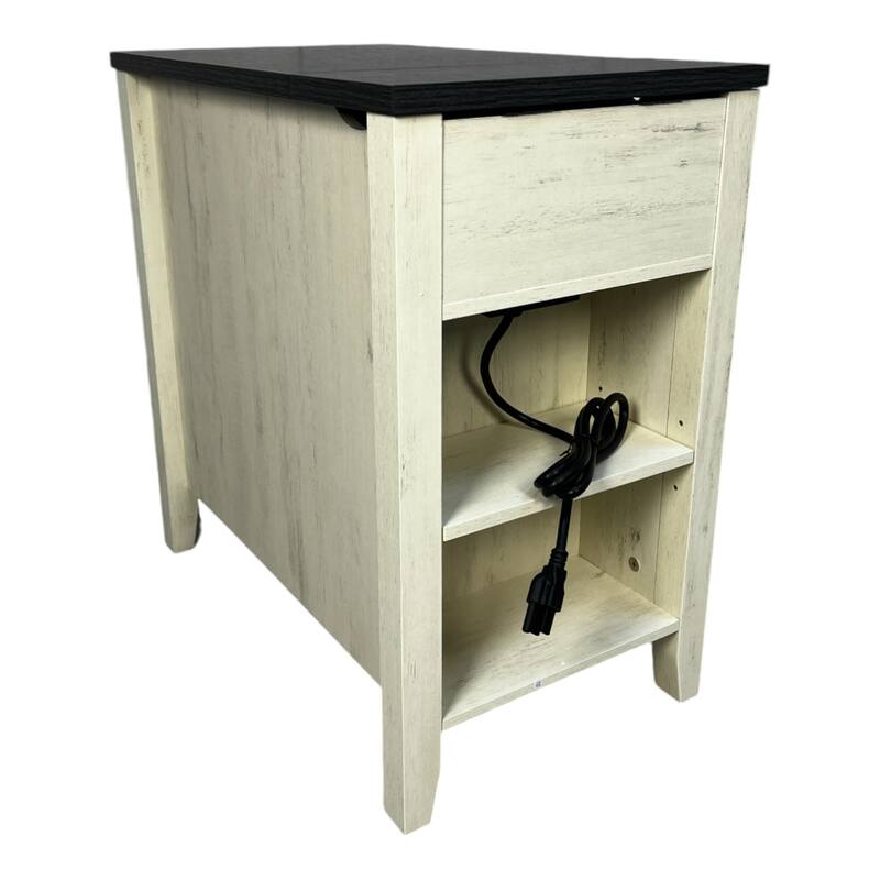 Farmhouse End Table Side Table with Charging Station, White Black Storage Cabinet File Cabinet with Drawer